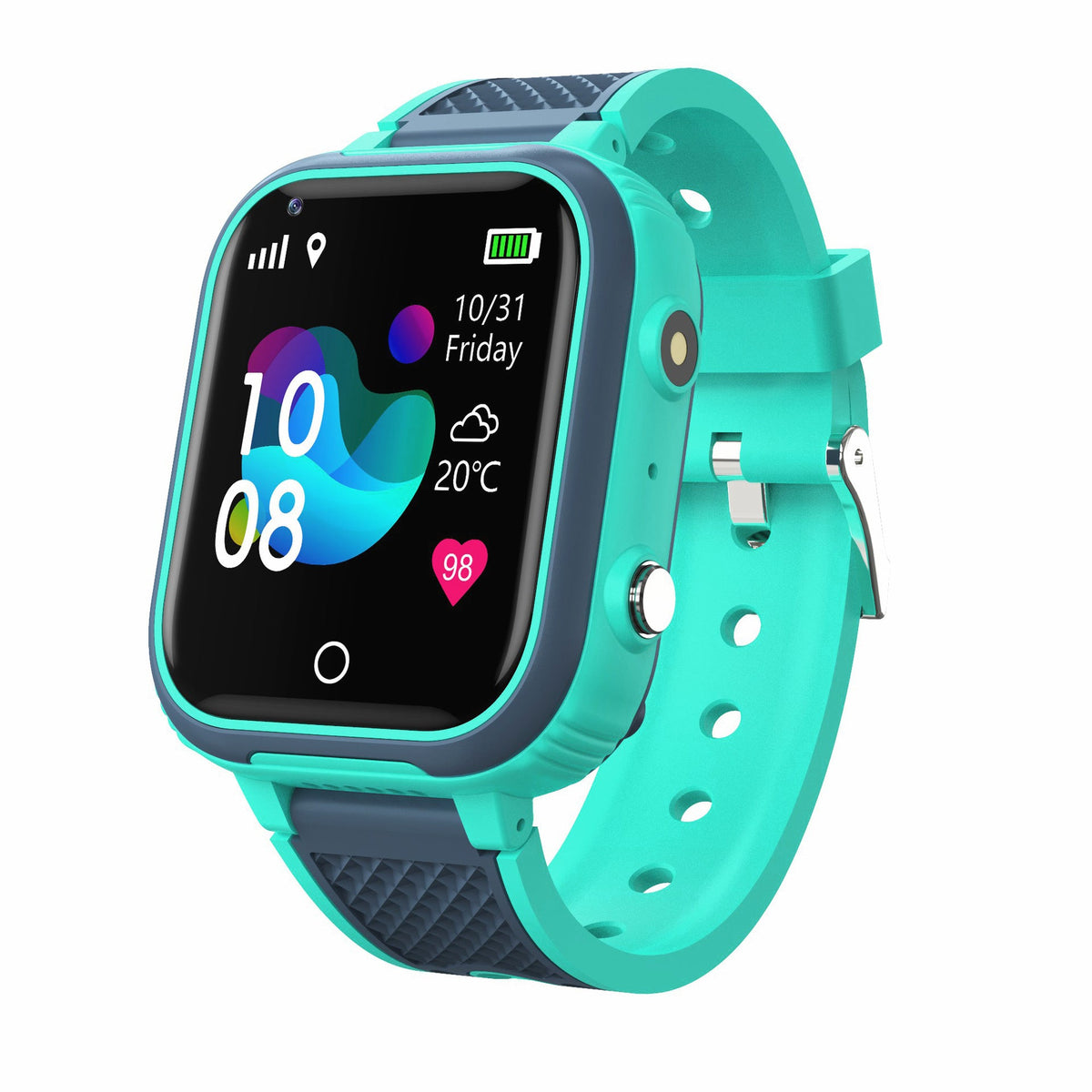 Children's smart watch with turquoise silicone strap, square touchscreen showing day and temperature