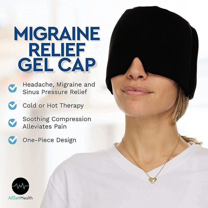 Black gel cap eye mask covering forehead and eyes on a woman