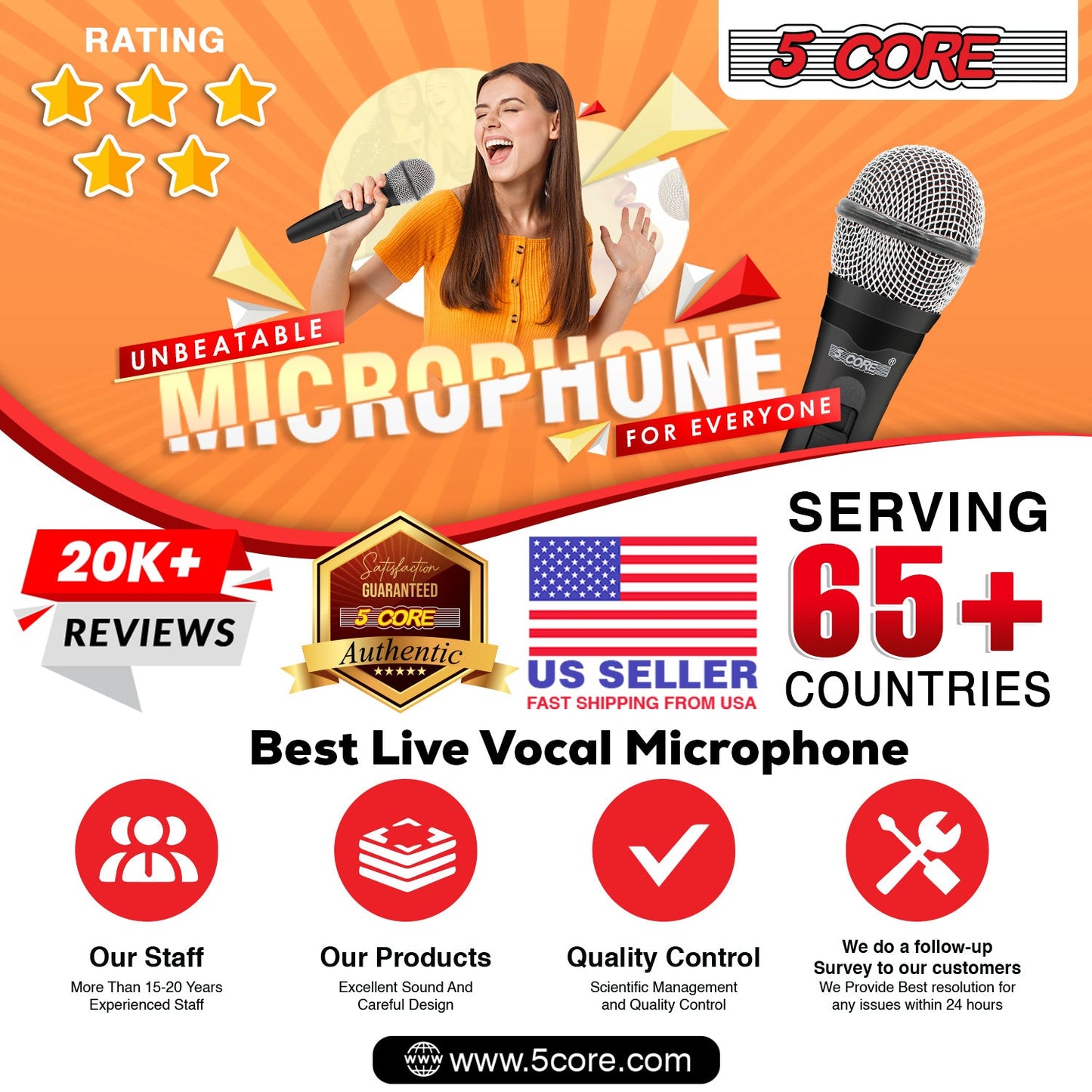 5 Core Microphone XLR Dynamic Mic Karaoke Singing Handheld Microfono Wired Professional Unidirectional 1/4 Plug In Cord Connection for Vocal DJ Music - PM 600 - Renee Lane Company