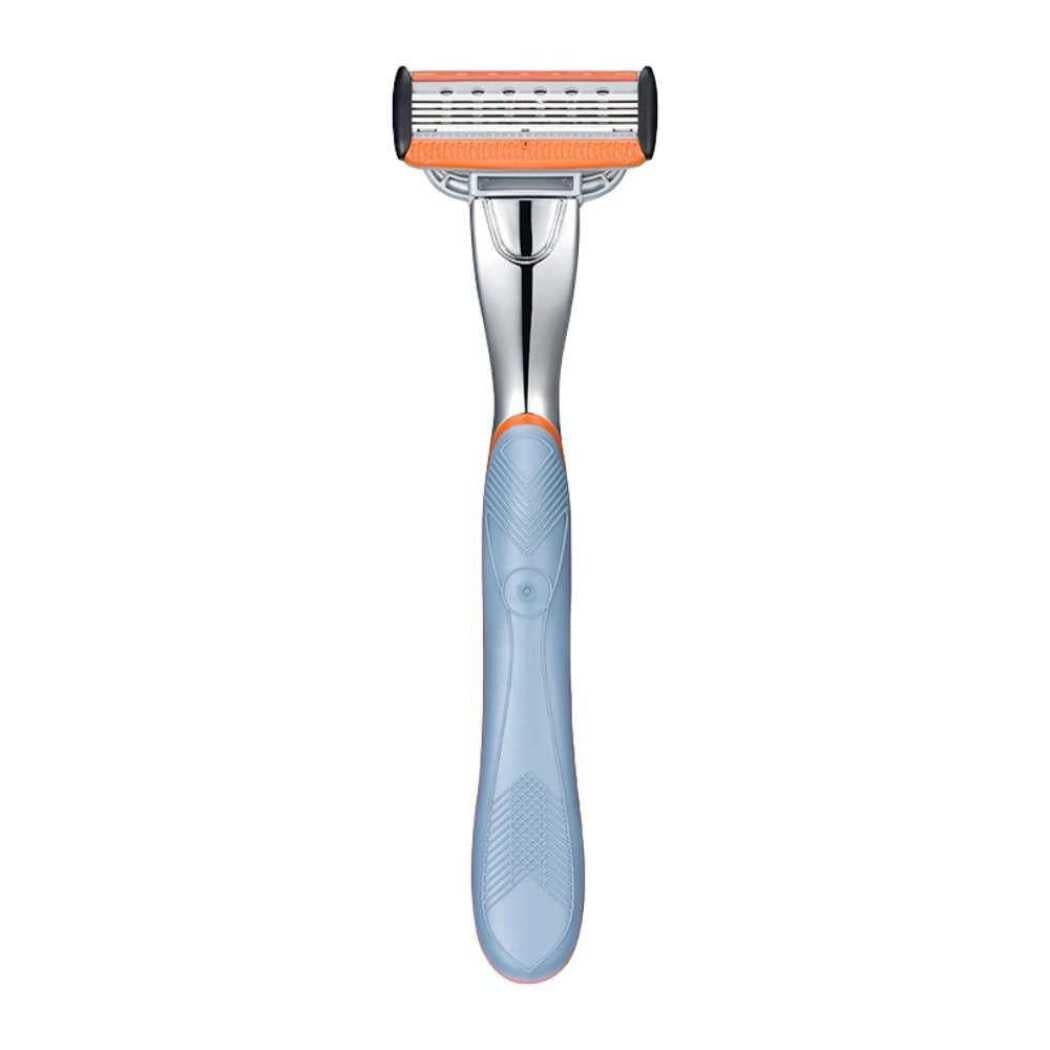 5-blade cartridge razor with light blue handle and orange blade cartridge