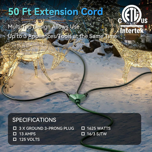 50 Ft Extension Cord with 3 Outlets, UL Listed 16/3 SJTW 3-Wire Grounded, 13A 125V 1625W for Indoor/Outdoor Use - Green - Renee Lane Company