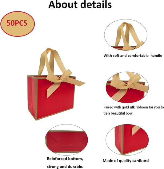 50 PCS Small Red Gold Gift Bags with Bow Ribbon - 6.4x3.1x5.1 Inch Thank You Bags with Handles, Bulk for Baby Shower, Bridal Shower, Wedding, Party Favors, Thanksgiving, Christmas - Renee Lane Company