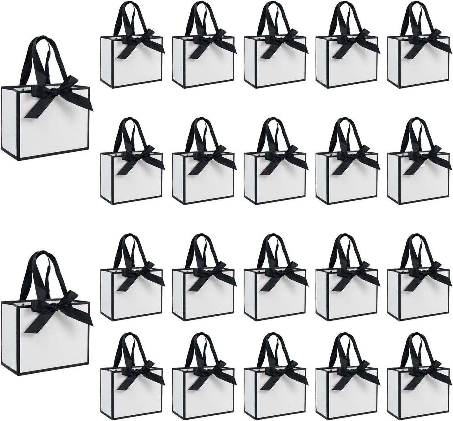 50 PCS Small White Black Gift Bags with Handles, 6.4×3.1×5.1 Inch Thank You Bags with Bow Ribbon for Baby Shower, Bridal Shower, Wedding, Party Favors, Thanksgiving, Christmas - Renee Lane Company