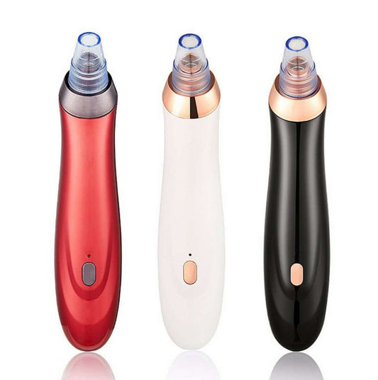 Electric blackhead remover device set in red, white, and black with suction tips.