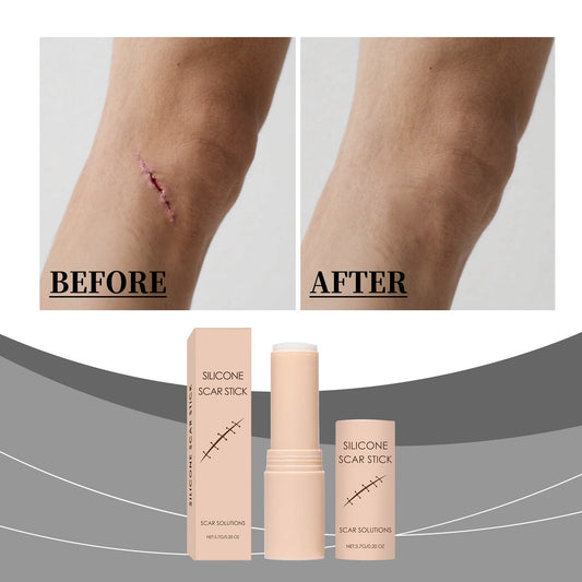 Silicone scar stick shown on skin before and after with a faint red scar line