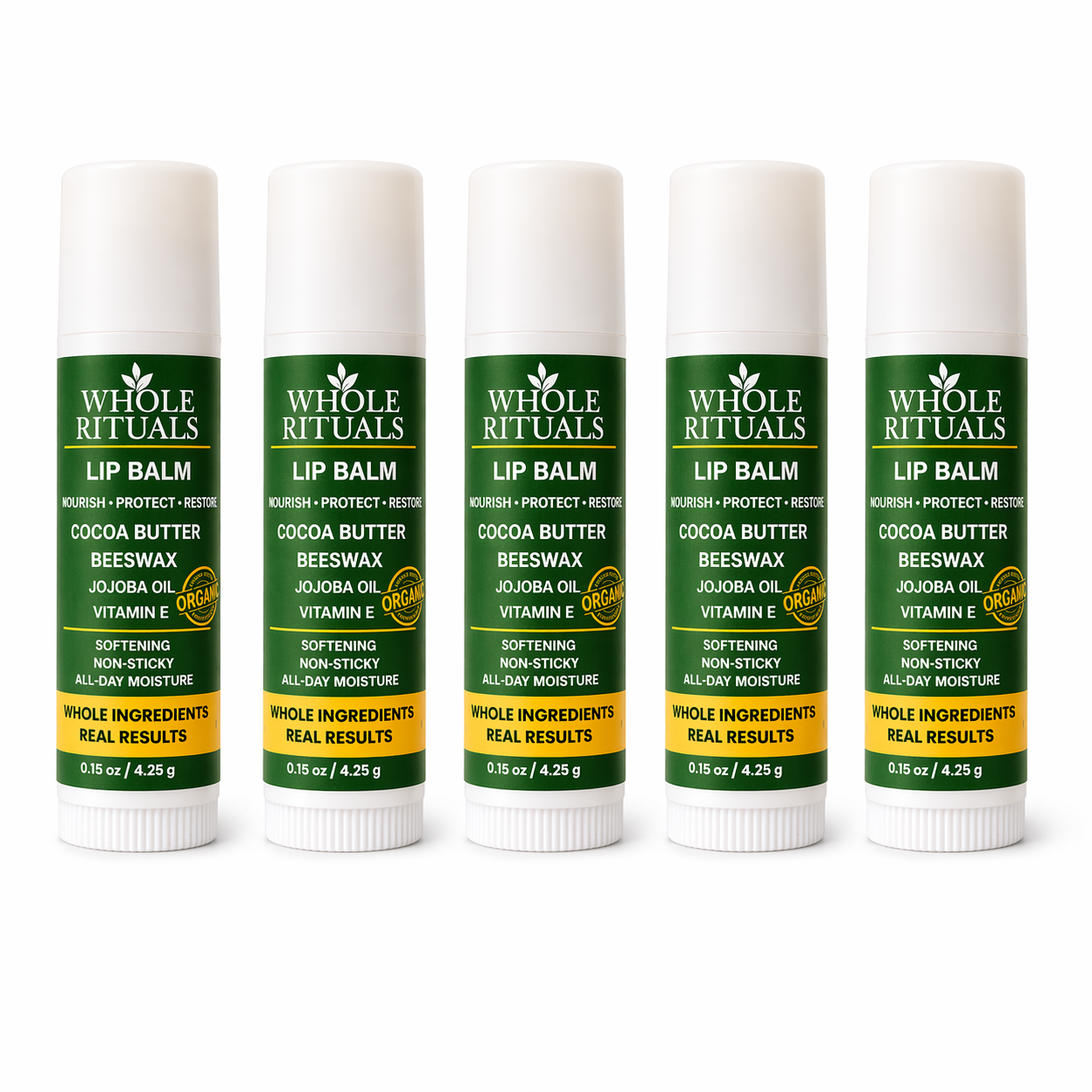Whole Rituals lip balm sticks, five white tubes with green labels