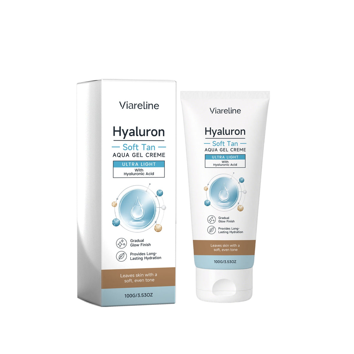 Self-tan aqua gel cream box and tube pack, white and blue droplet design, 100 g.