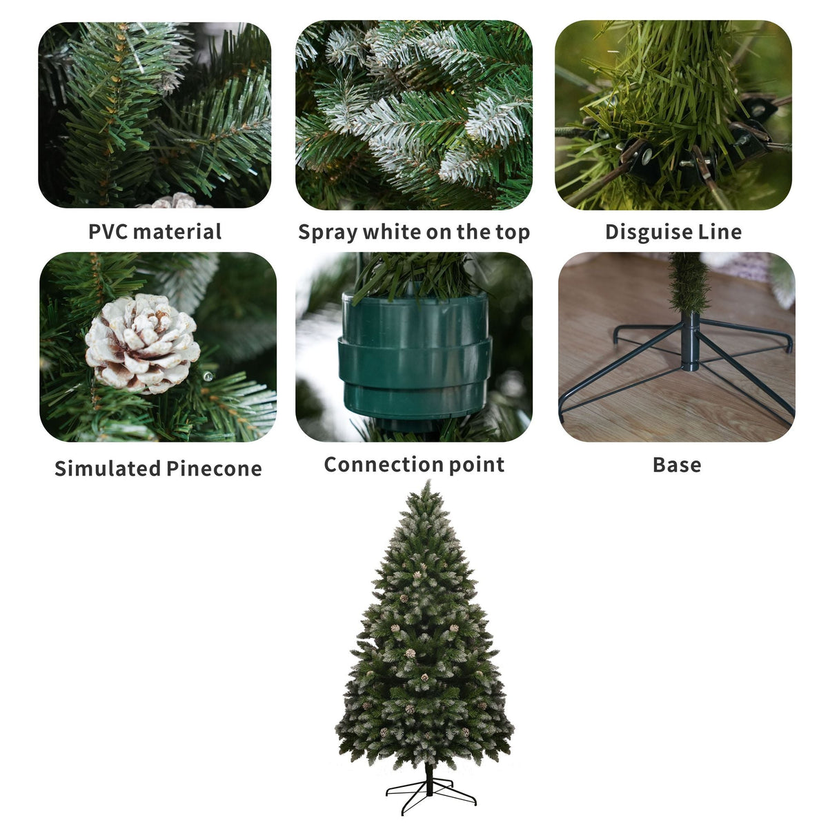 Artificial Christmas tree with snow-dusted branches and pinecone accents, small model
