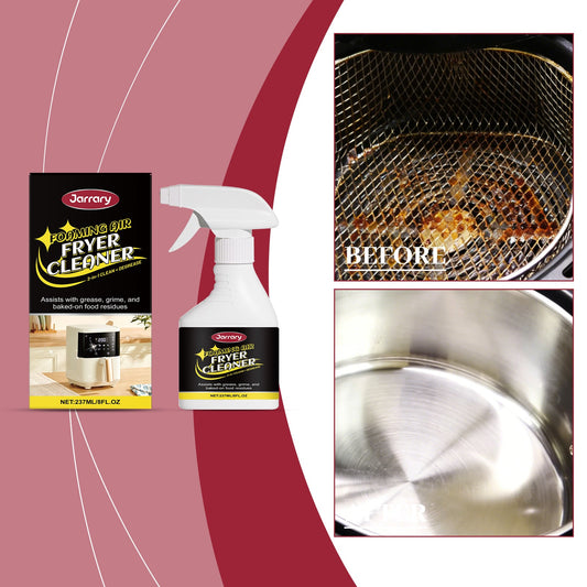 Foaming air fryer cleaner spray bottle and black box, 237 ml, with fryer surface shown.