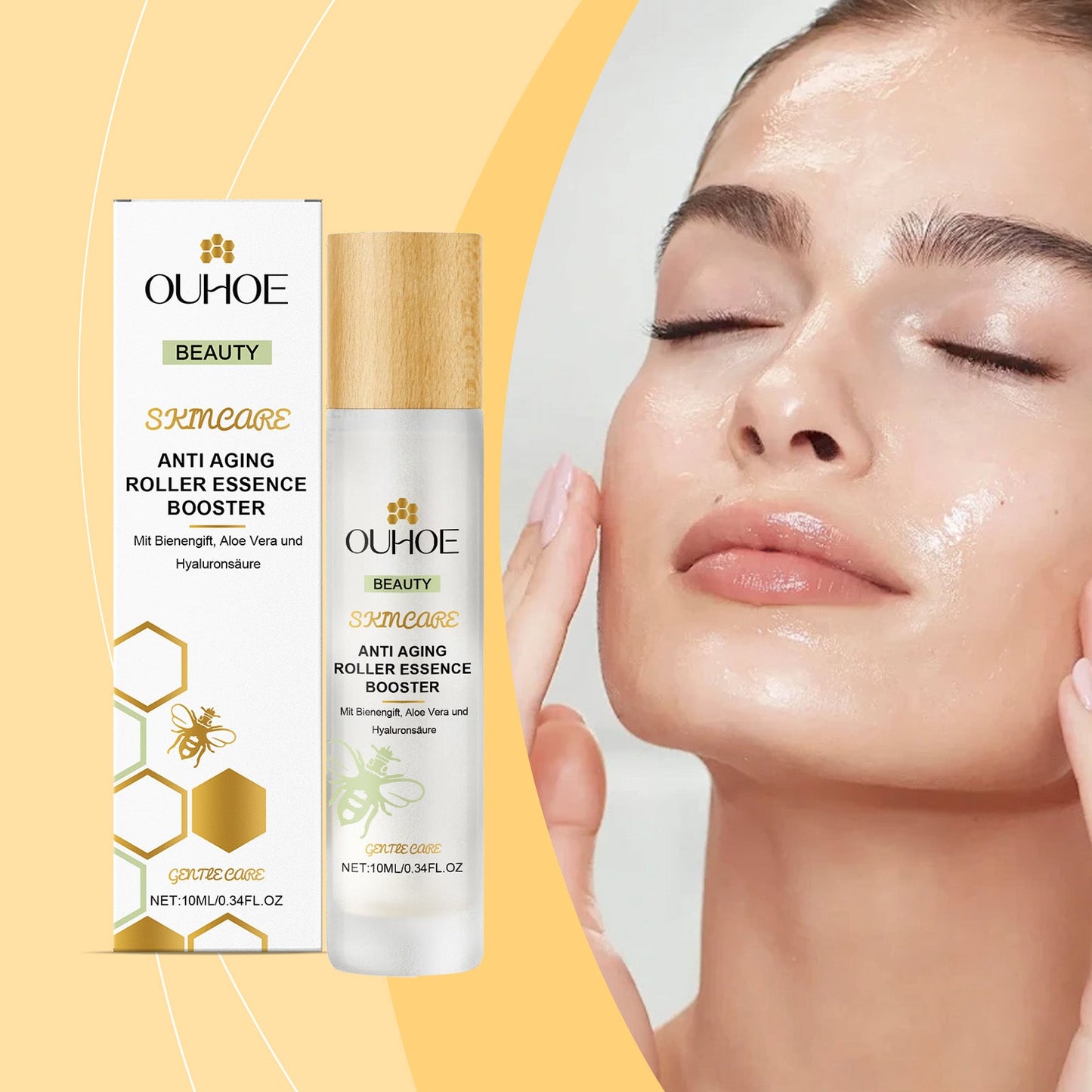 OUHOE night roll-on serum box and silver roller tube on dewy skin