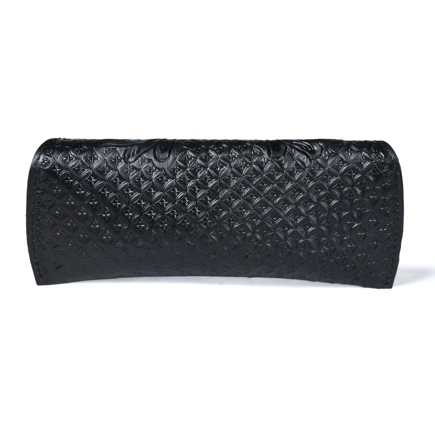 Black textured leather sunglasses cover with embossed diamond pattern, rolled cylinder shape