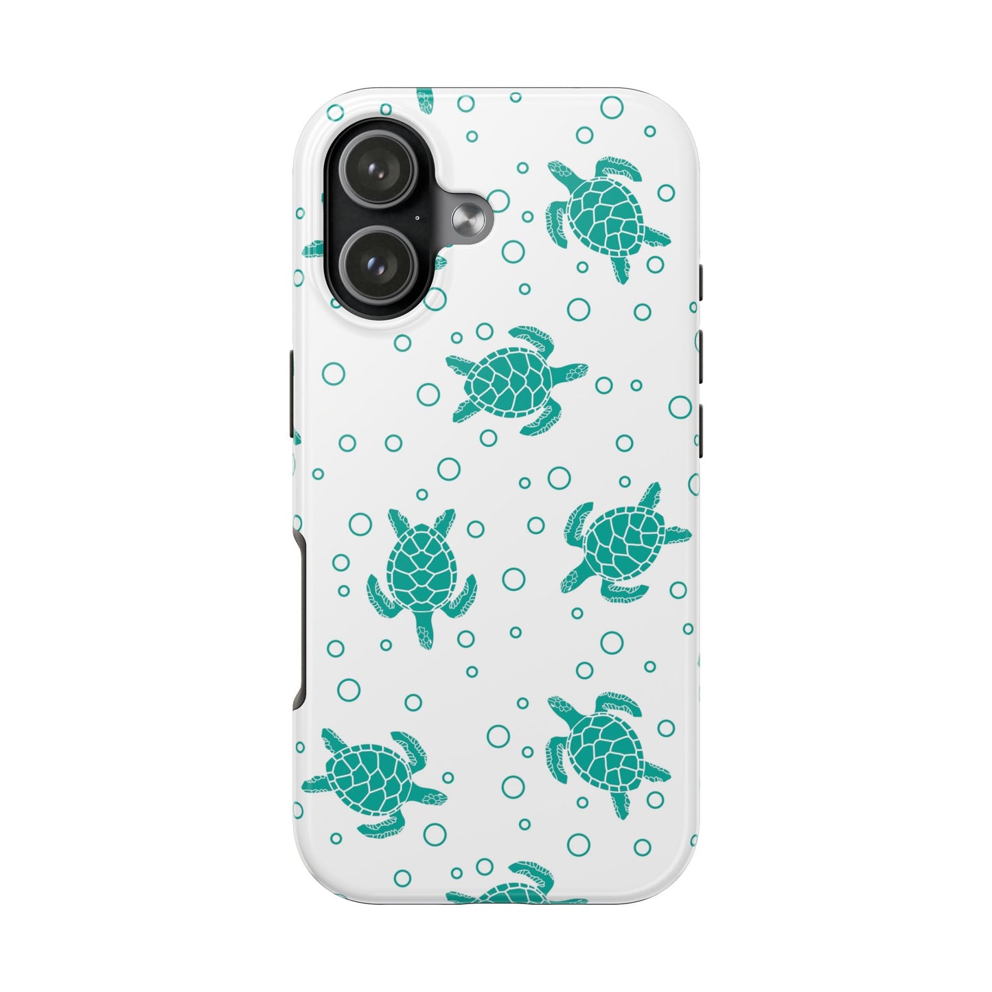 Teal sea turtle pattern phone case with bubble motifs on a light background
