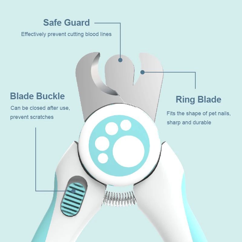 Pet nail clipper with safety guard, blade buckle, and ring blade design