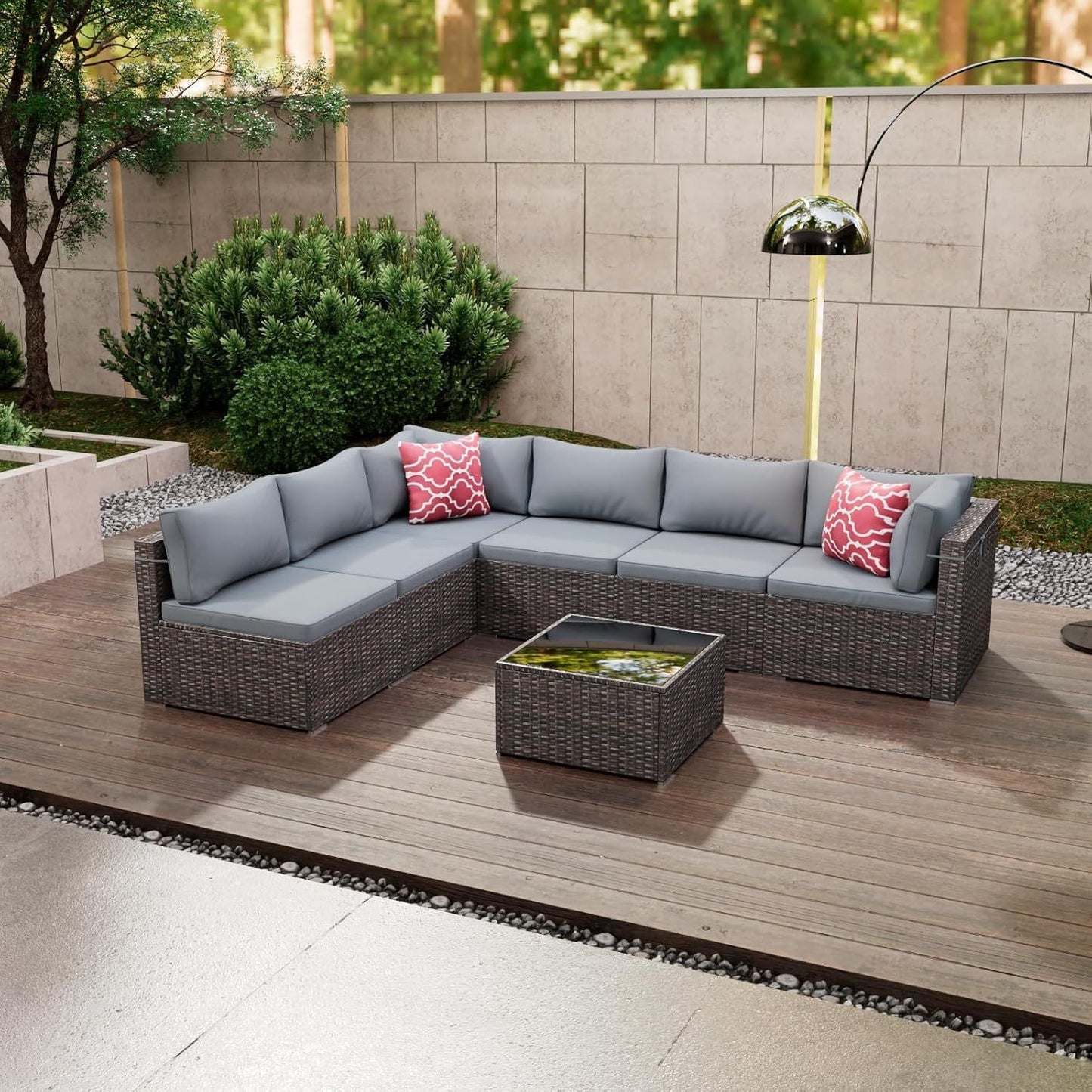 7 Pieces Outdoor Patio Furniture Set, Wicker Patio Conversation Sectional Sofa Set, All Weather PE Rattan Sofa with Glass Table and Cushions - Renee Lane Company