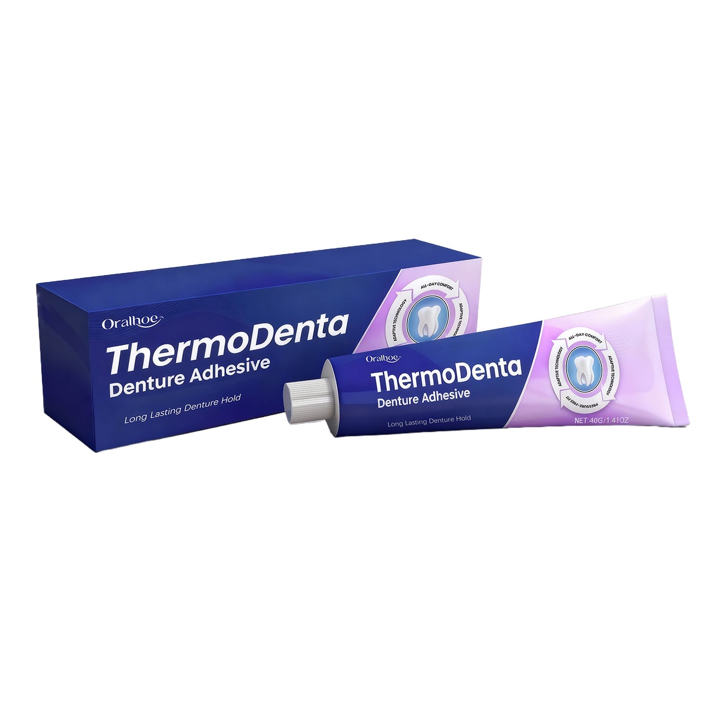 ThermoDenta denture adhesive box with attached tube, purple and blue packaging