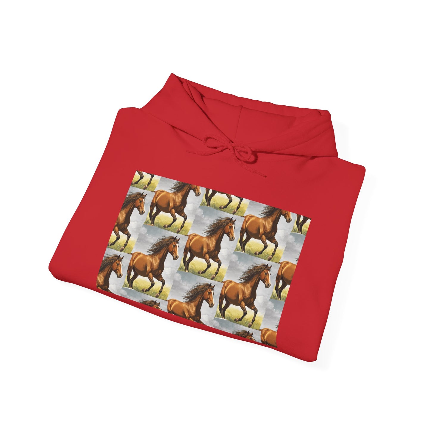 Red horse pattern hoodie folded flat with tie hood and horse collage graphic