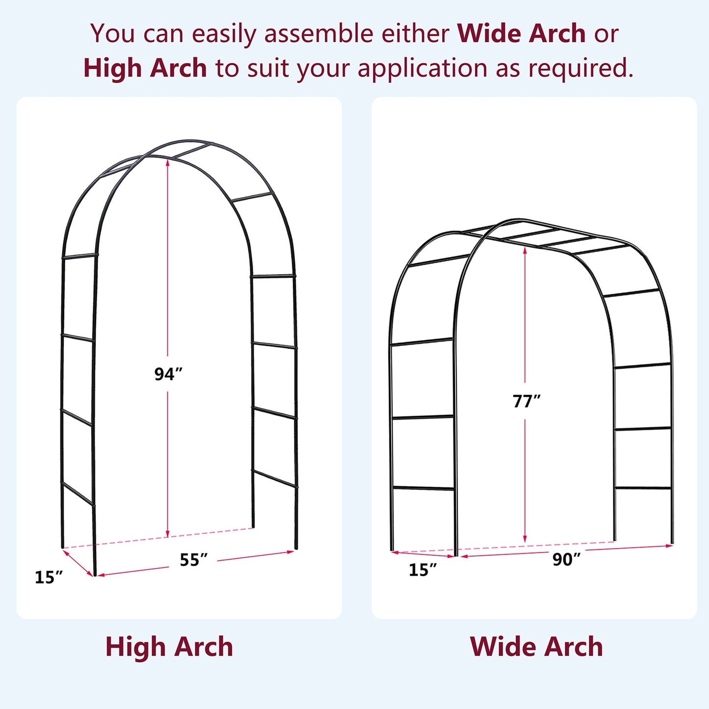 78"H x 45"W Metal Garden Arch Trellis; Adjustable Arbor Trellis for Garden Climbing Plants Support or Wedding Decor,Black - Renee Lane Company
