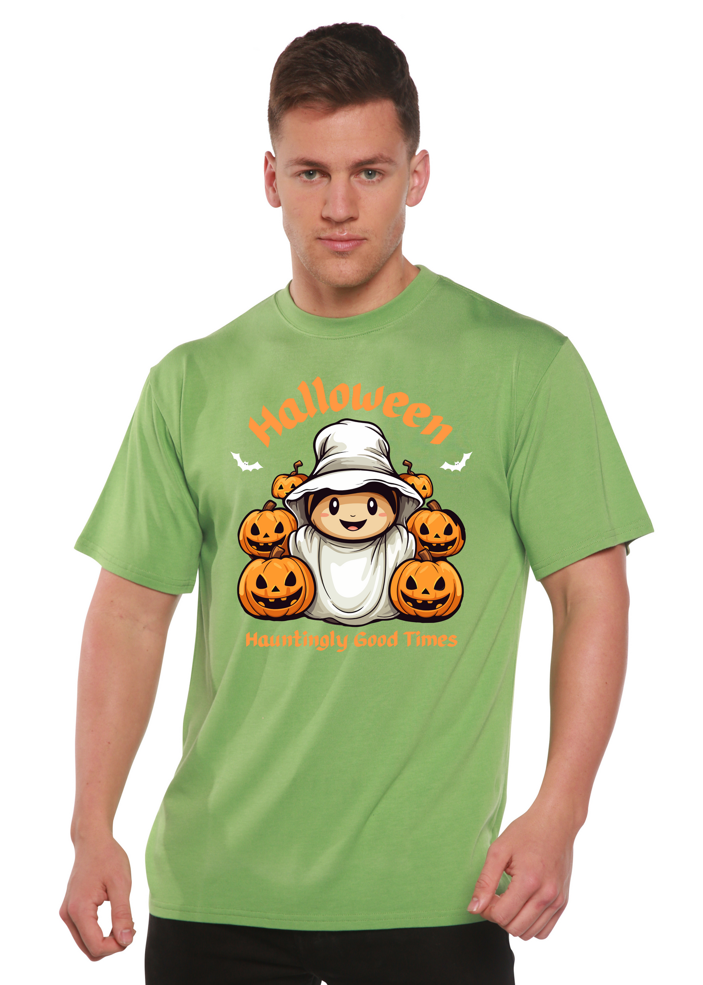 Men's light green Halloween graphic short sleeve T-shirt with pumpkins and ghost illustration