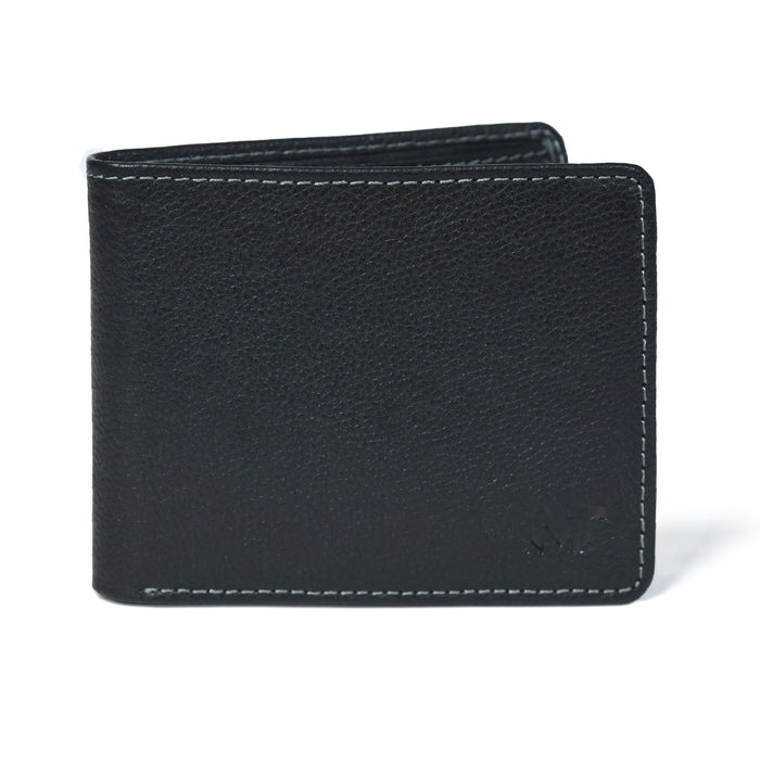Black leather wallet front view with visible stitching and embossed logo