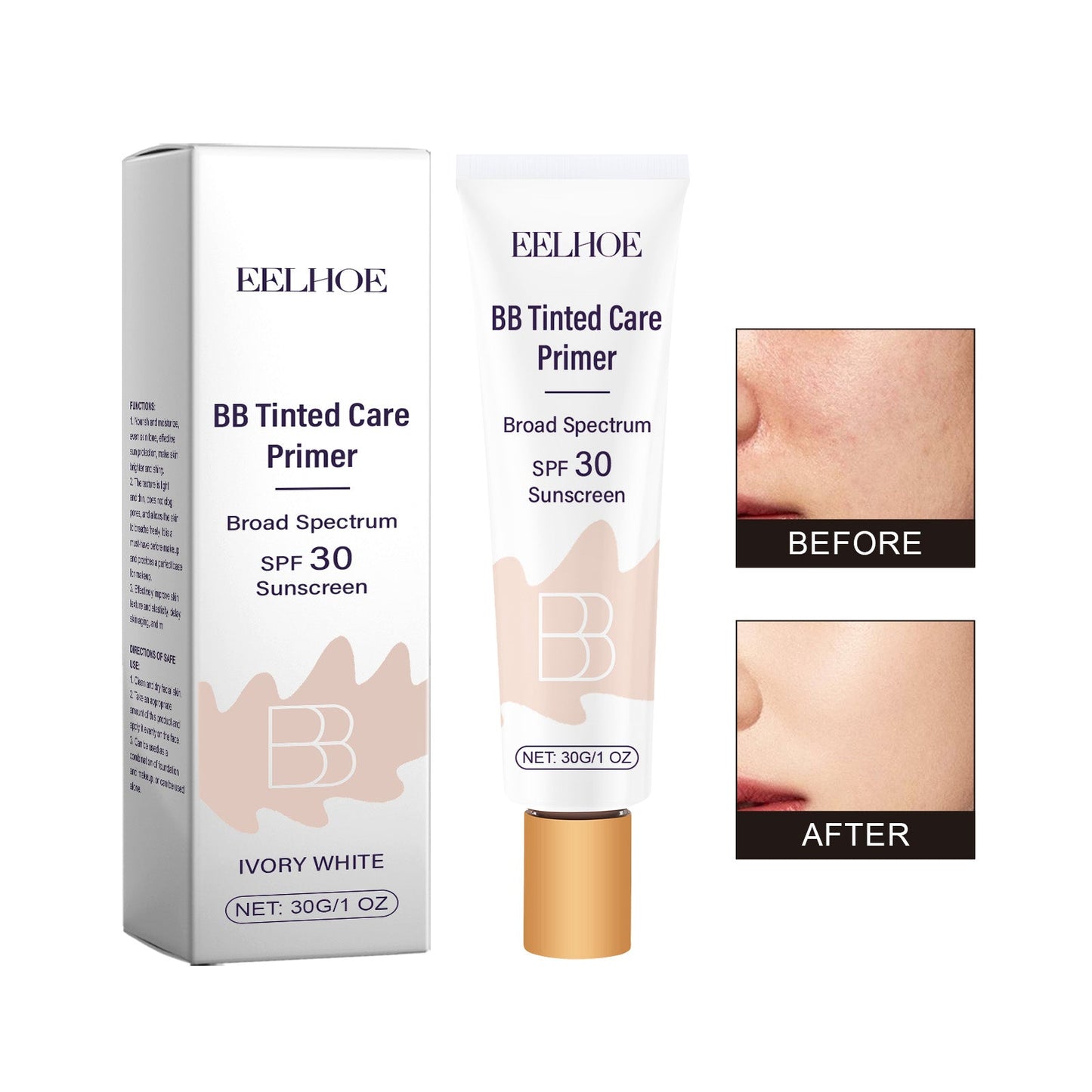 Sunscreen BB cream tube and box, Ivory White shade, SPF 30 with before/after