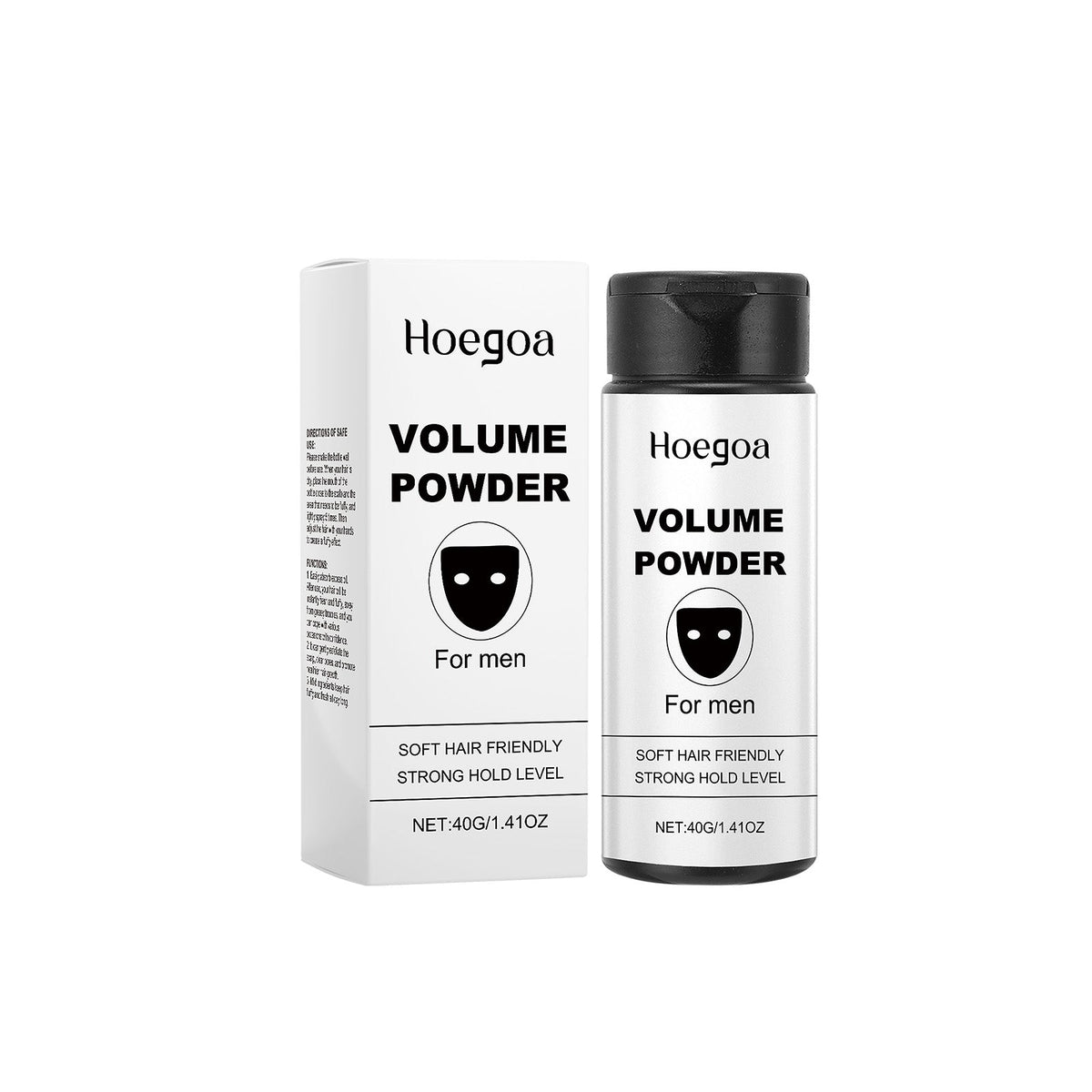 Hoegoa volumizing styling powder bottle with black cap and matching white box