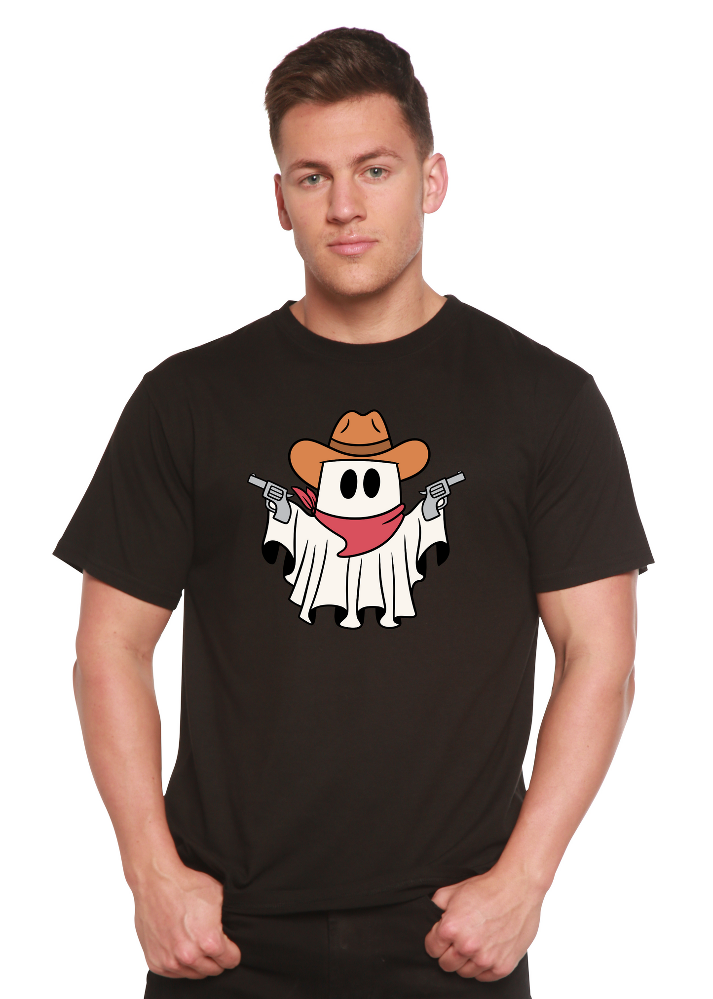 Black short-sleeve graphic T-shirt with cowboy ghost and revolvers print