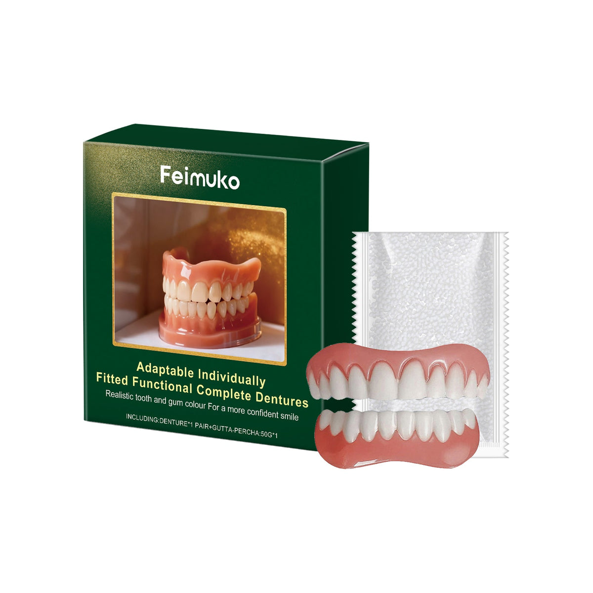 Denture kit: green box with molded pink-and-white teeth tray and wrapper