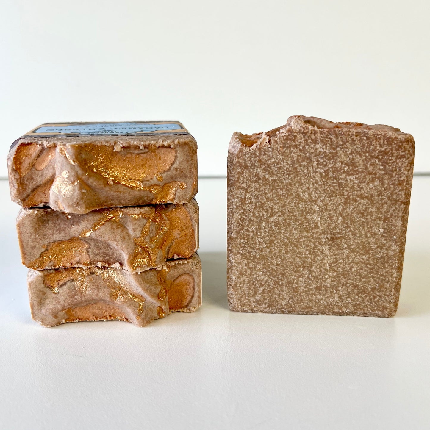 Caramel drizzle sea salt soap bar, rectangular with gold swirls