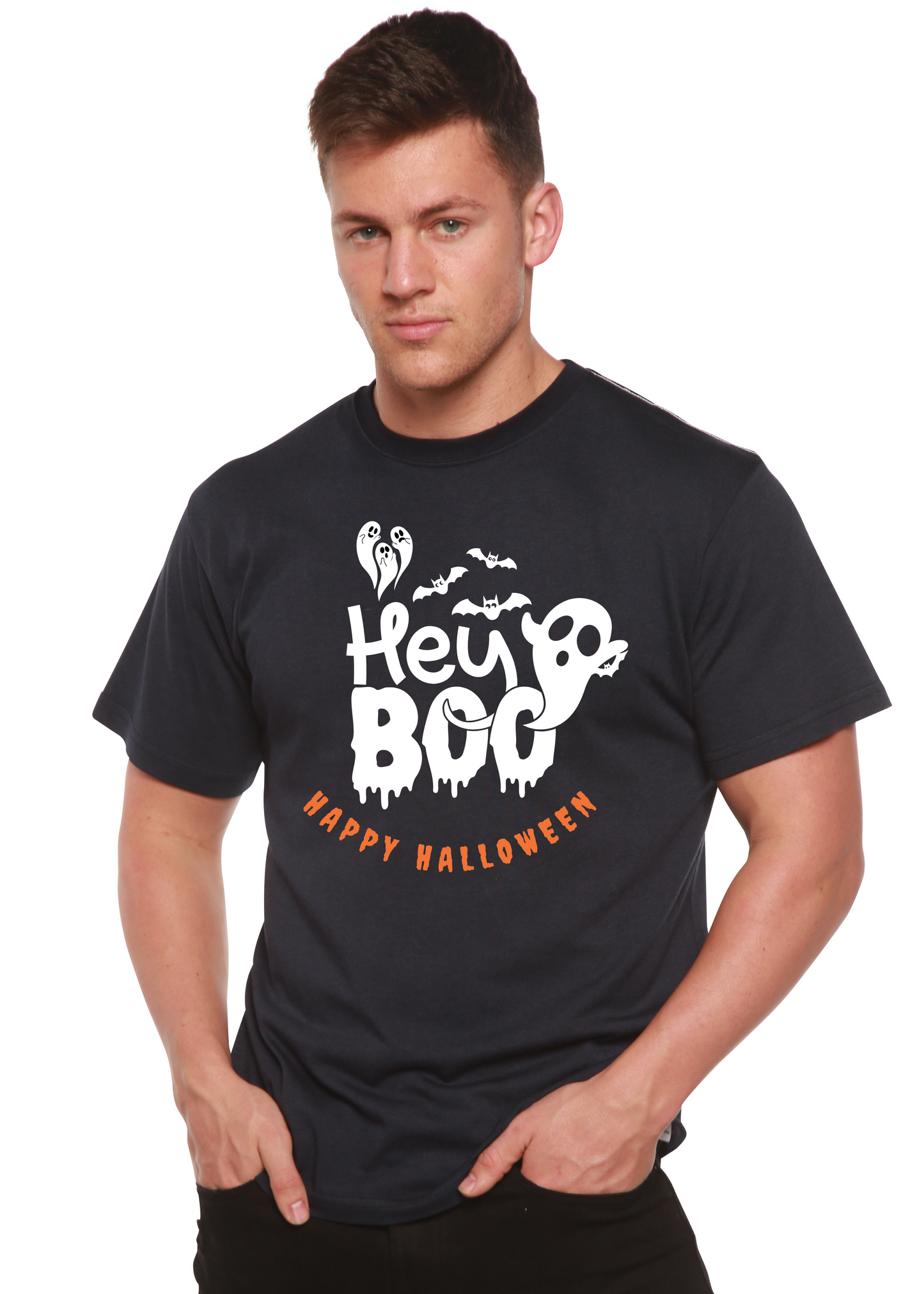 Men's dark navy graphic T-shirt with 'Hey Boo' Halloween text and ghost/bat print