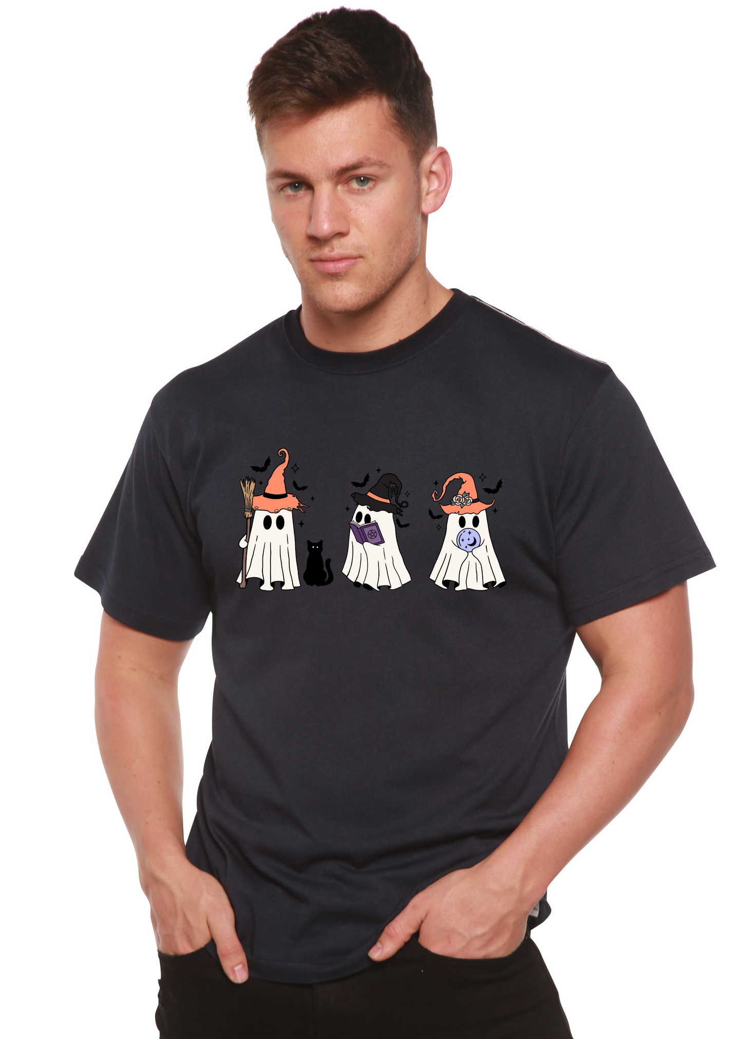 Men's short-sleeve T-shirt in dark charcoal with cartoon Halloween costume graphic across chest