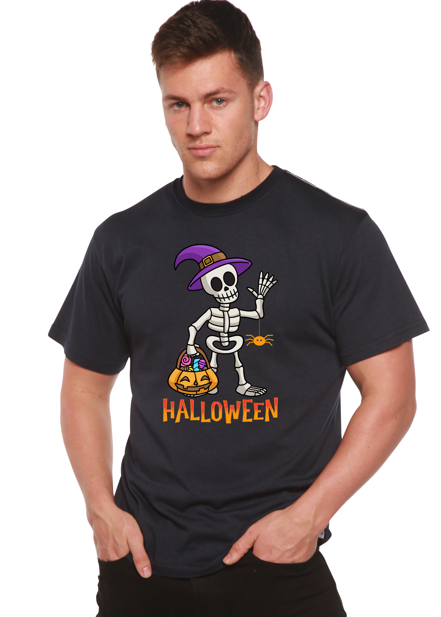 Unisex dark graphic T-shirt with waving skeleton and HALLOWEEN lettering