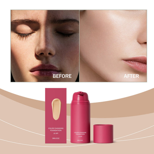 Thermo-responsive foundation natural shade, pink bottle and jar with before/after panels