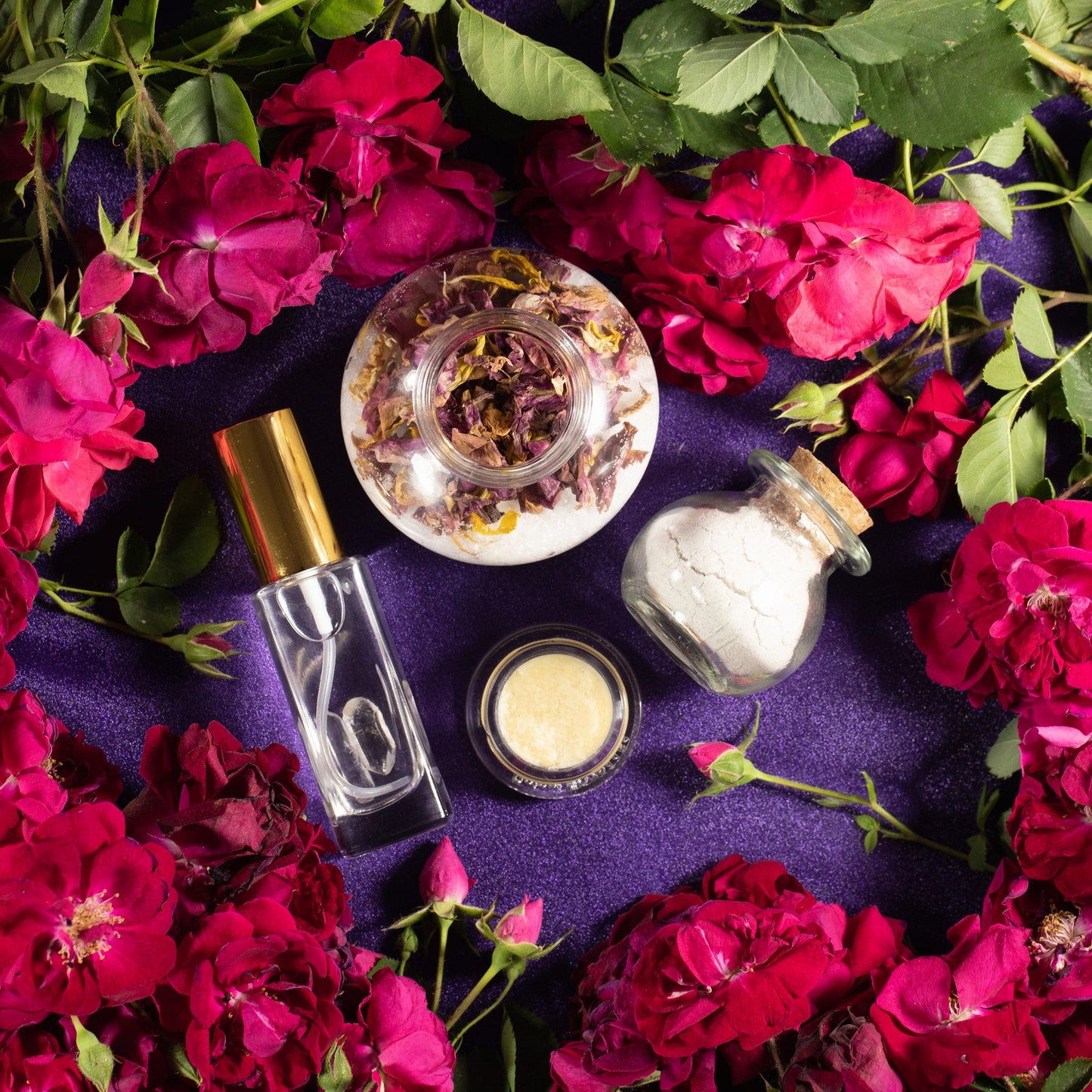 Pampering Positive Package gift set with roller bottle, small jar, and rose petals