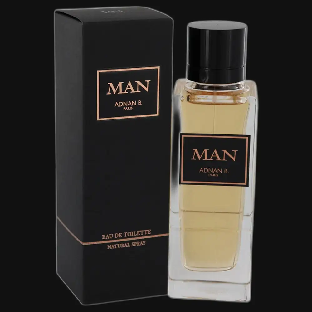 Men's eau de toilette spray: black box and clear glass bottle with black cap