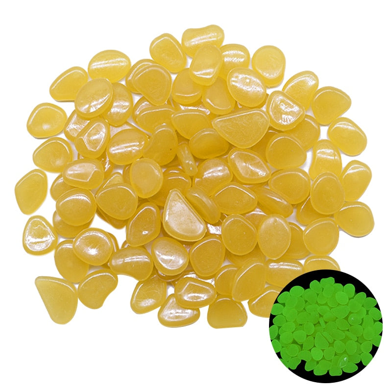 Glow-in-the-dark garden pebbles, bright yellow translucent smooth stones