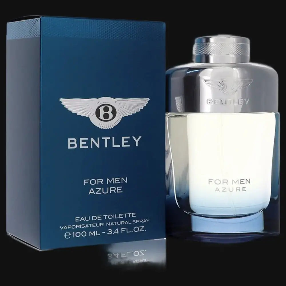 Men's eau de toilette cologne with silver cap, blue Bentley box and logo