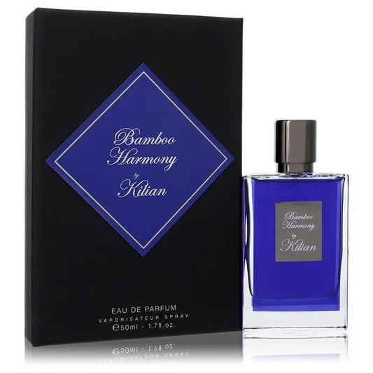 Bamboo Harmony by Kilian eau de parfum bottle with blue liquid, box, and label