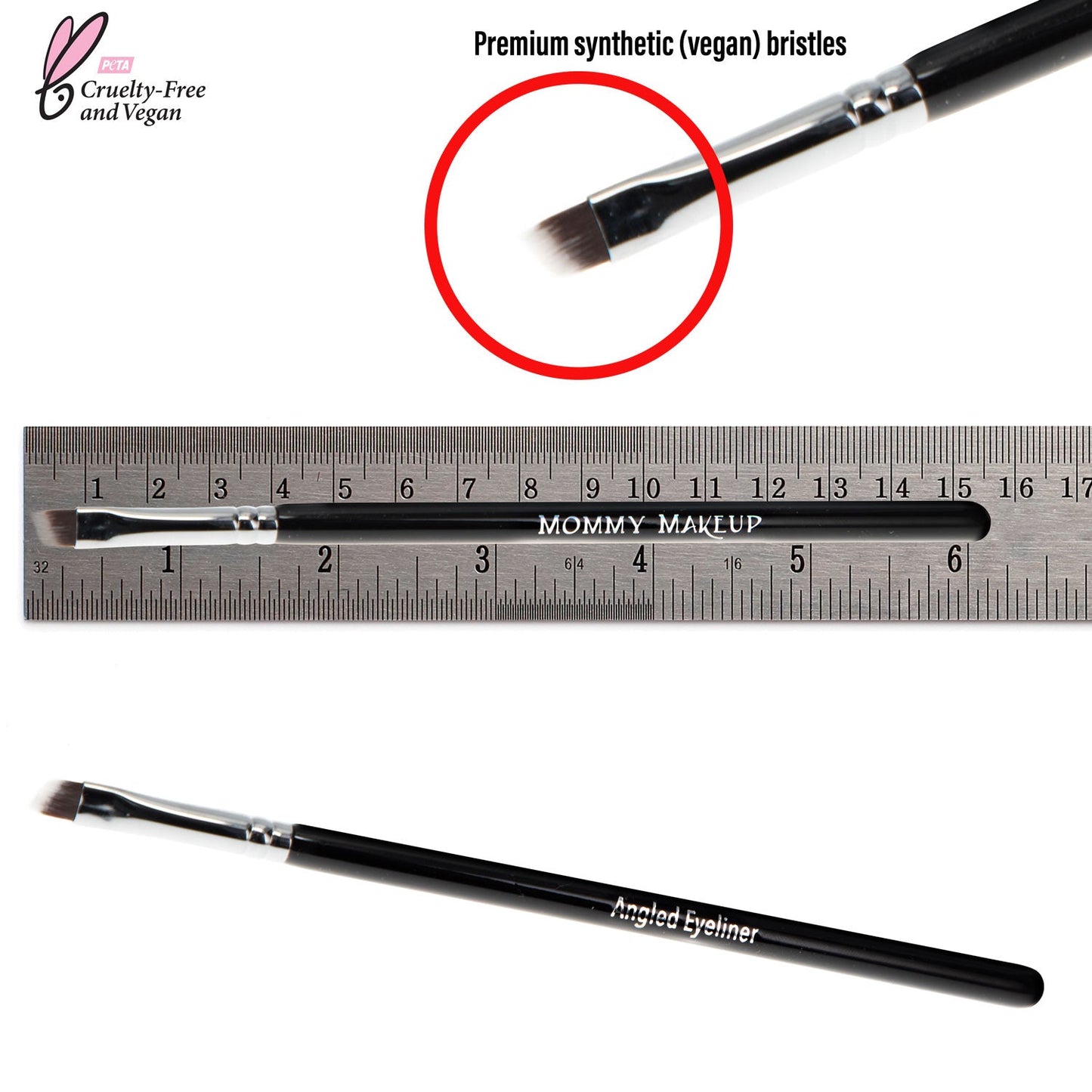 Angled eyeliner brush with black handle and short angled synthetic bristles