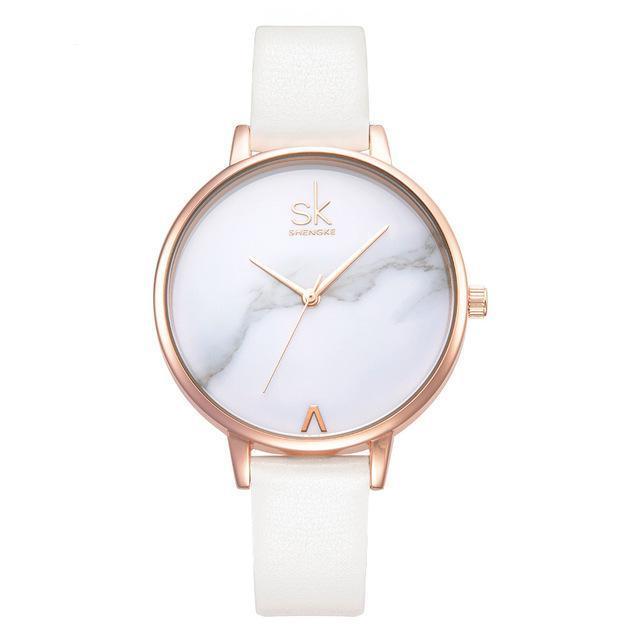 Shengke women's fashion watch with white marble dial, white strap, rose-gold case