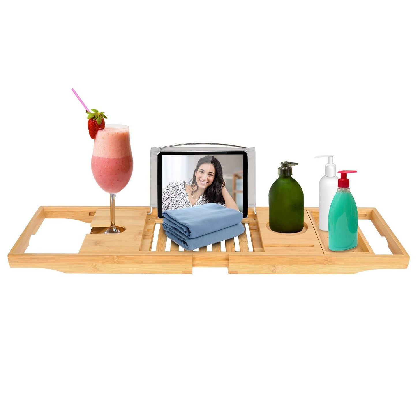 Bathtub Caddy Tray Crafted Bamboo Bath Tray Table Extendable Reading Rack Tablet Phone Holder - Renee Lane Company