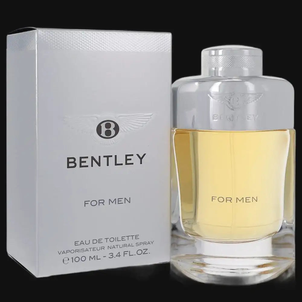Men's cologne bottle with glass spray top and yellow liquid, beside white box.