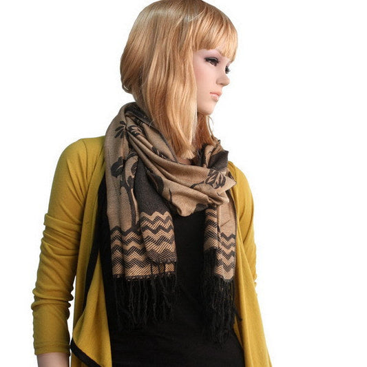 Blancho Bedding -Pa-616-5 Khaki Base Peony Flowers Patterns Exquisitely Soft Woven Pashmina/Shawl/Scarf - Renee Lane Company