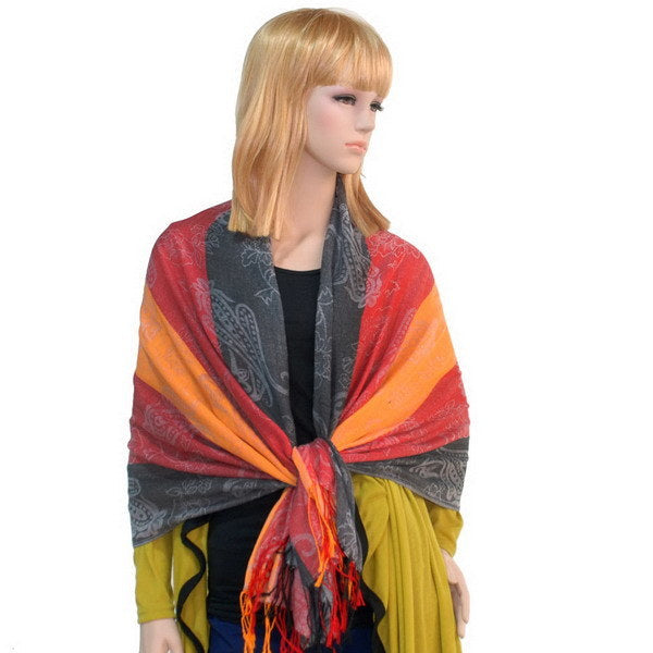 Paisley print pashmina shawl with multicolor stripes and fringed tassel ends