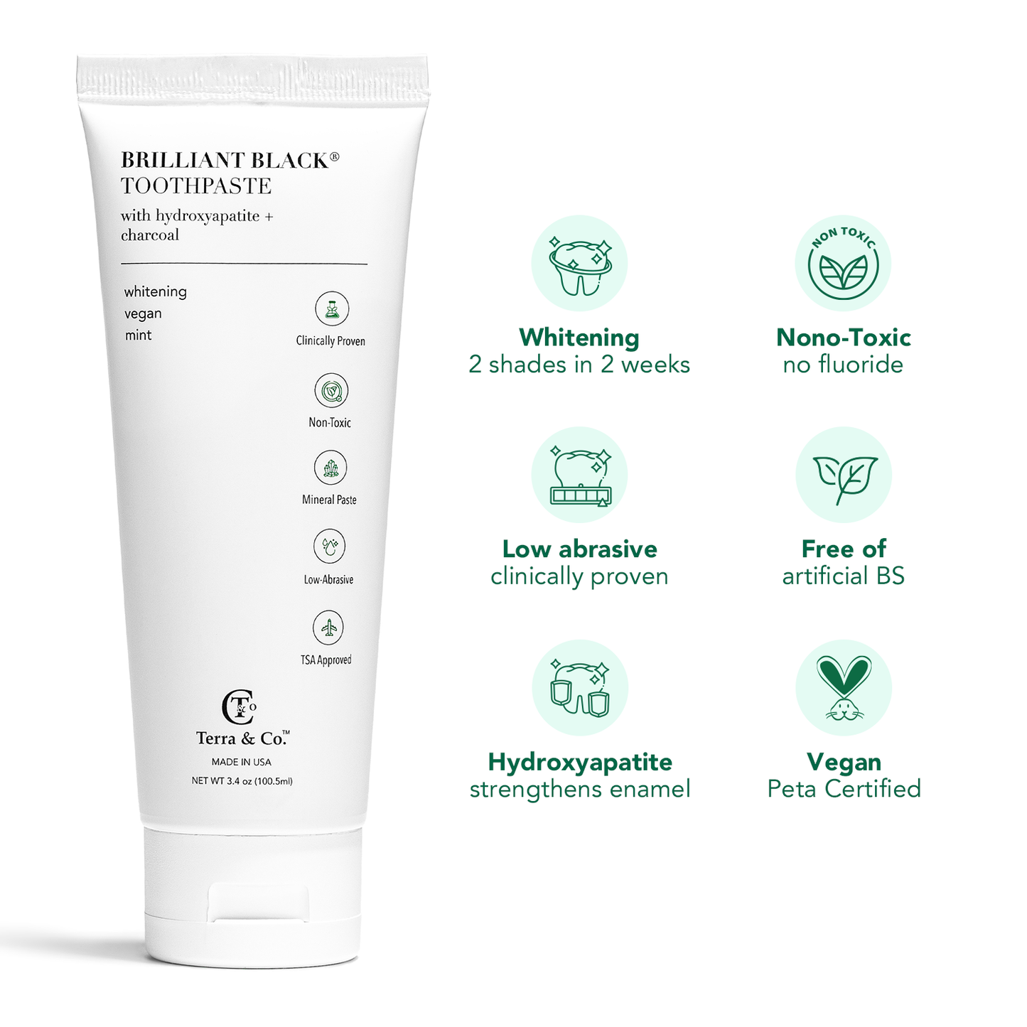 Brilliant Black toothpaste tube with hydroxyapatite, whitening and vegan feature icons