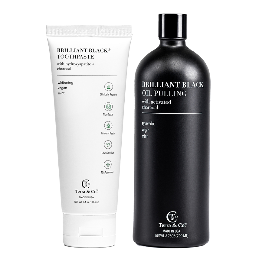 Toothpaste tube and oil pulling bottle set, both with activated charcoal branding