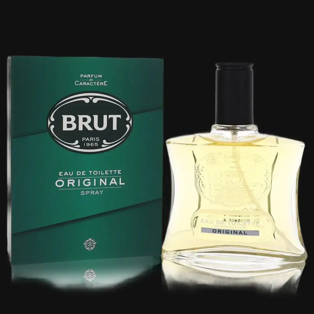 Men's cologne bottle with clear yellow liquid, black cap, and dark green box