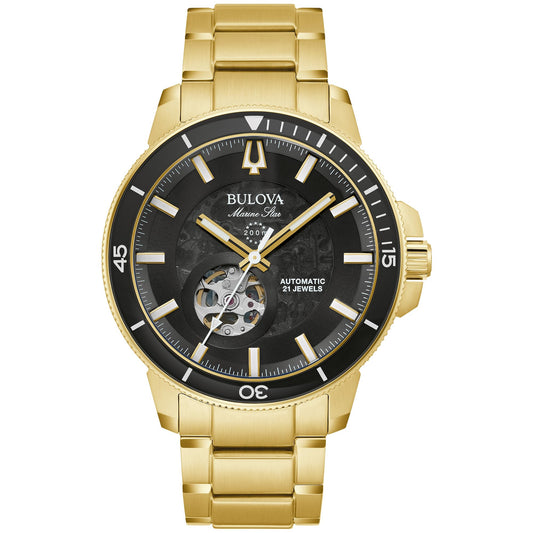 Bulova Mens Marine Star Series C Automatic Gold Stainless Steel 3-Hand Watch Black Dial; Exhibition Case Rotating Bezel Style: 97A174 - Renee Lane Company
