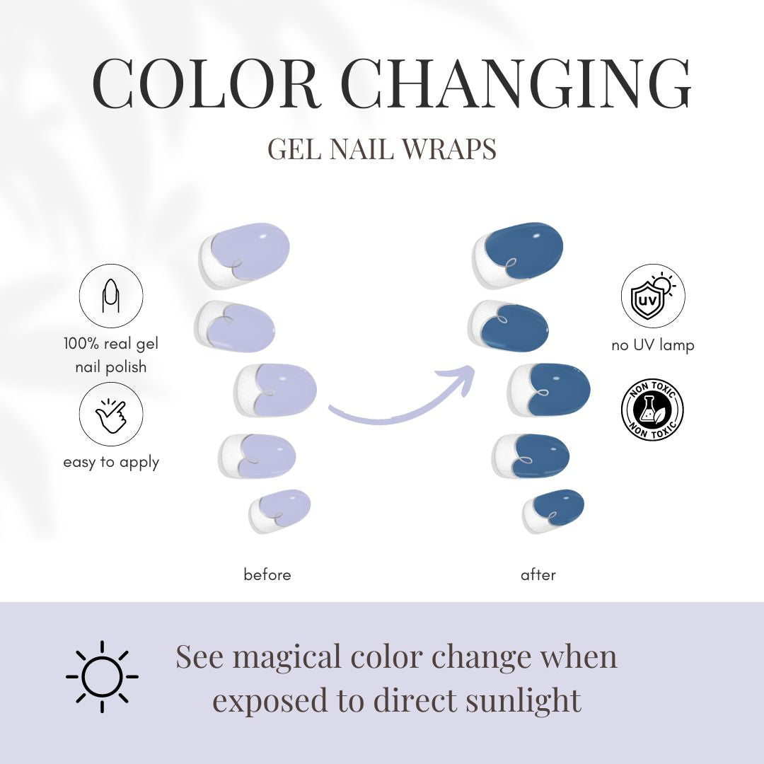 Color-changing gel nail wraps graphic, before and after blue to purple