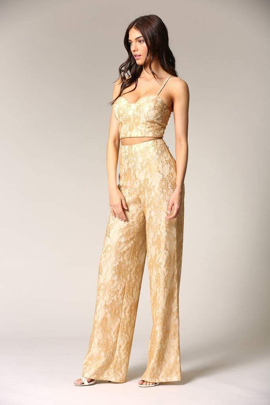 Caeli - A two-piece gold lace set featuring built-in underwire and bra Size S - Renee Lane Company