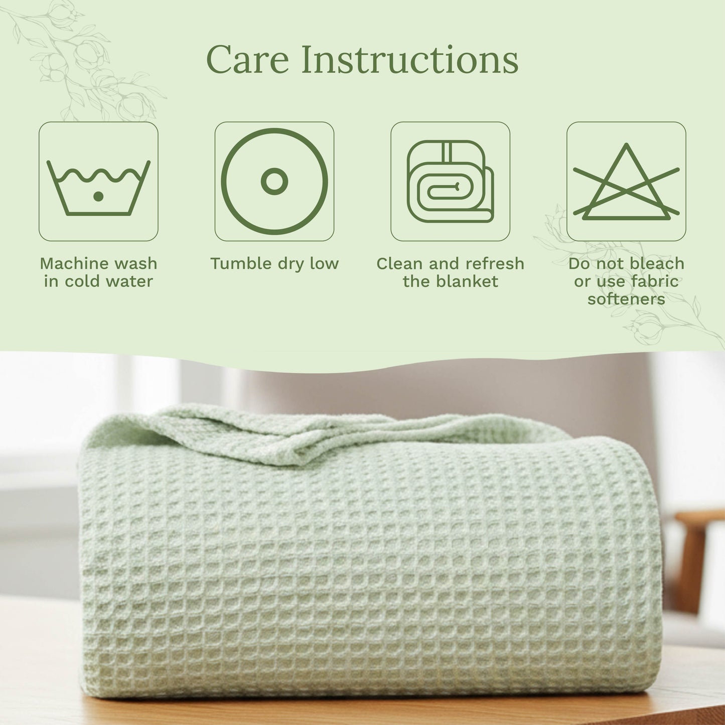 Waffle weave blanket, folded in pale sage green with raised waffle texture